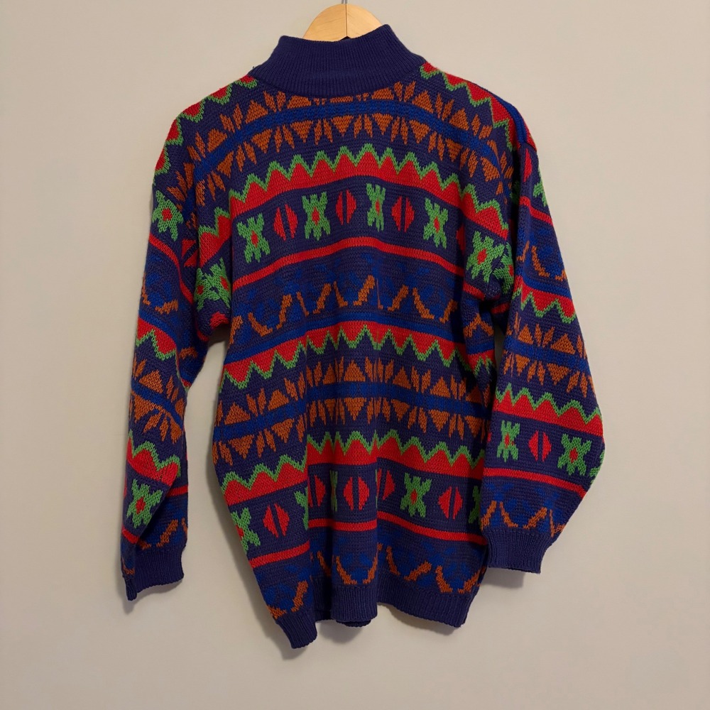 Vintage Jamie Scott Purple Geometric Fair Isle Mock Neck Knit Sweater Mens Large